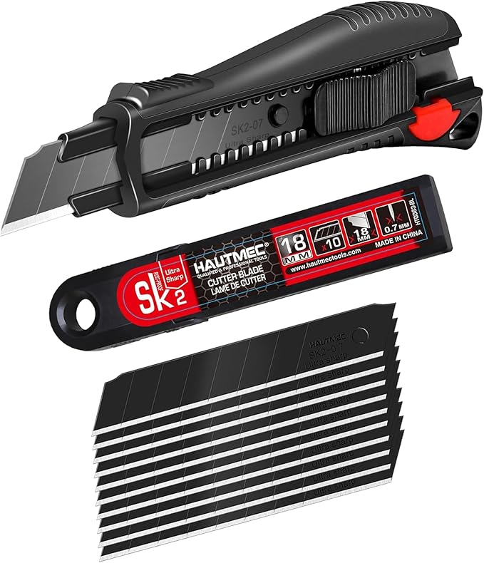 HAUTMEC Pro 18mm Black Auto-Lock Utility Knife Set Including 10pcs Ultra Sharp Black Snap-off Blades in Case, HT0094-KN