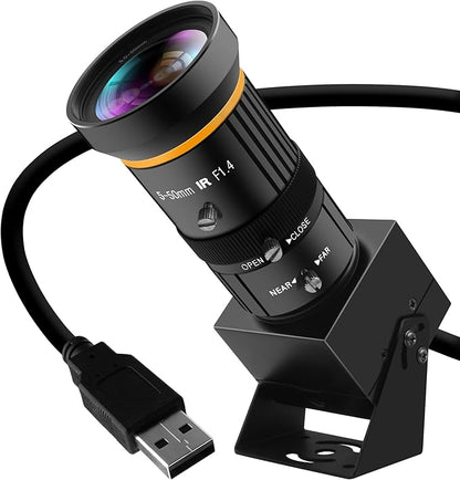 USB Webcam 5MP Color Industrial USB Camera with CS-Mount 5-50mm 10X Manual Zoom Lens – 1944P@30fps, Plug-and-Play for PC, Live Streaming, Video Conferencing & Projects