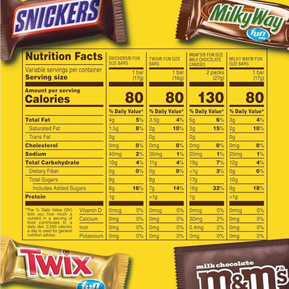 SNICKERS, M&M'S Milk Chocolate, MILKY WAY & TWIX Fun Size Chocolate Candy Variety Pack, Halloween Candy Variety Pack, 75 Ct Bulk Bag