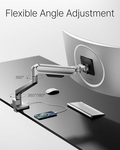 monTEK Deluxe Aluminum Monitor Arm with USB A/C for 17 to 40 Inch Curved Screens Fully Adjustable Single Monitor Arm with Clamp/Grommet, Quick Release Plate, Cable Management, VESA 75/100, MA1008UCSL