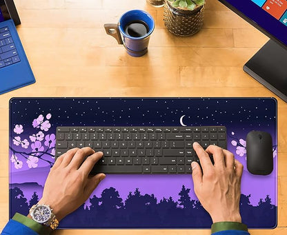 Purple Desk Mat Japanese Desk Pad Cute Fuji Mountain Gaming Mousepad Large, Cherry Blossom Mouse Pad XXL Desk Mats, Kawaii Anime Deskmats Desktop Protector Laptop Keyboard Mat Pad 31.5x15.75 in