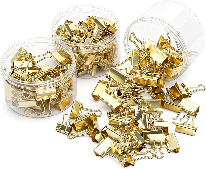 Fasmov 174 Pcs Gold Binder Clips Paper Clamps, Assorted Sizes Paper Clamps Clips (Small, Medium, Large), Office Clip with Container, Binder Clip for Office School and Home Supplies