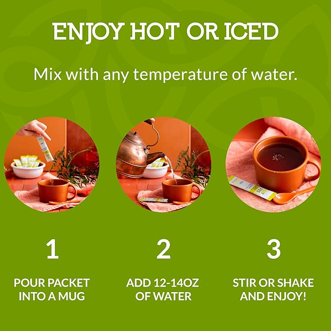 Cusa Tea & Coffee | Premium Instant Green Tea With Real Fruit & Spices | Organic Leaves Drink Mix Packets | Hot or Iced Tea (30 Single Servings)