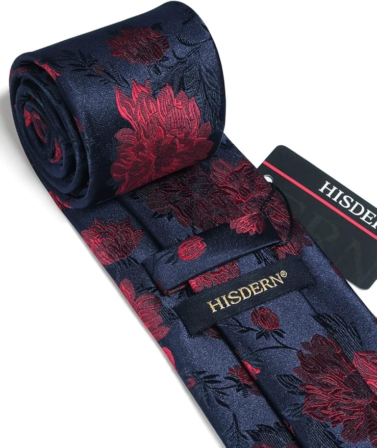 HISDERN Men Floral Ties Woven Classic 3.4" Necktie Set Formal Tie Pocket Square for Wedding with Handkerchief Gift Box