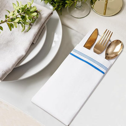 50 Disposable Paper Hand Towels for Bathroom, Decorative Linen Feel Guest Towels, Soft and Absorbent Paper Towels Napkins Bulk for Home Dinner Kitchen Wedding, 12" x 17"(Blue Trim Lined)