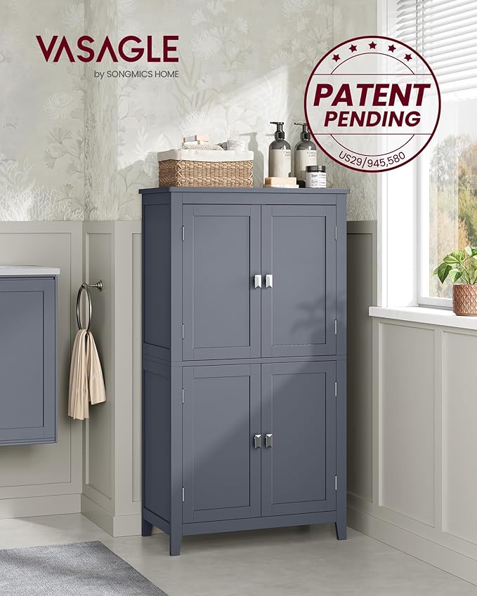 VASAGLE Floor Storage Cabinet, Freestanding Storage Unit with 4 Doors, Adjustable Shelves, 11.8 x 23.6 x 43.3 Inches, for Entryway, Bathroom, Slate Gray UBBC552G01V