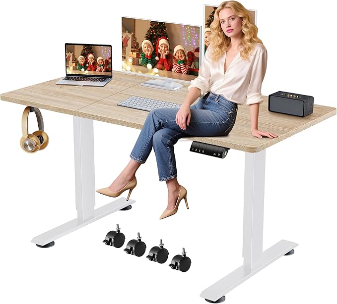 Himimi Electric Standing Desk Adjustable Height,70 x 27 inch Sit Stand up Adjustable Desk with Memory Presets,Portable Computer Desk for Gaming/Working,Free Hook, Lockable Wheels,Mouse Pad,Oak