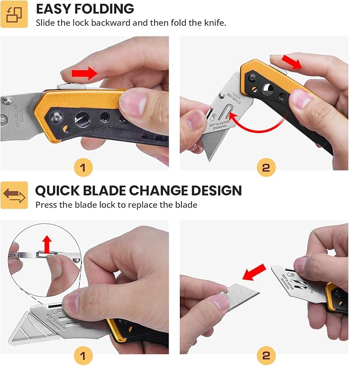 Folding Utility Knife, Box Cutter Knife, Razor Work Knives, 6 in 1 Utility Knives Multitool with 5 Razor Blades, Screwdriver, Saw, Belt Clip Safe Lock, EDC Gadgets Gifts for Men Women, Yellow
