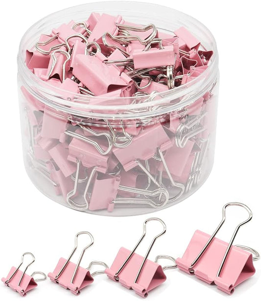 Binder Clip Paper Clamps, Assorted Sizes (Mini, Small, Medium, Large), 100 Pcs Clips for Office School Supplies (Pink)