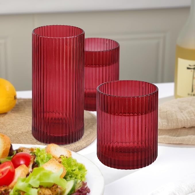 Ribbed Drinking Glasses 8pcs, 12oz and 10oz Glassware, Tumbler Glasses Cup Set for Wedding, Party, Christmas Gift, Red