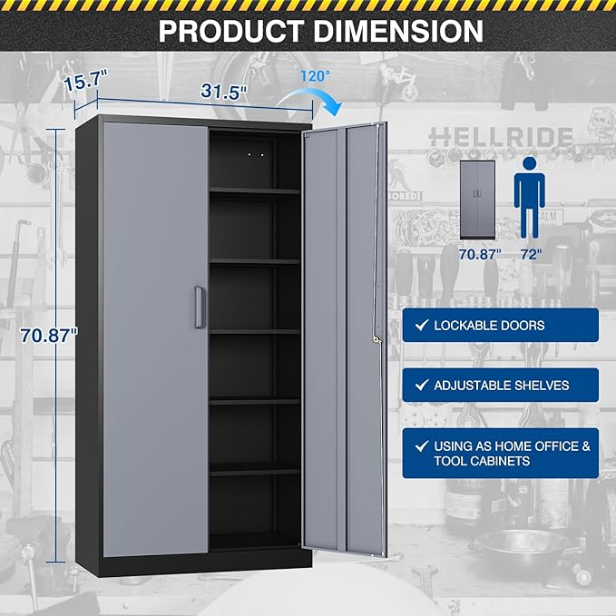 Metal 71' Tall File Cabinet with Lockable Doors and 5 Adjustable Shelves - Black&Gray Steel Storage Cabinet for Home, School, Office, Garage