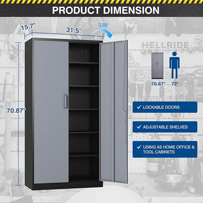 Metal 71' Tall File Cabinet with Lockable Doors and 5 Adjustable Shelves - Black&Gray Steel Storage Cabinet for Home, School, Office, Garage