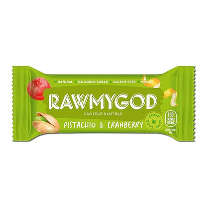 RAWMYGOD Fruit and Nut Bars, Gluten Free, Vegan, No Added Sugar (16 bars, Pistachio & Cranberry)