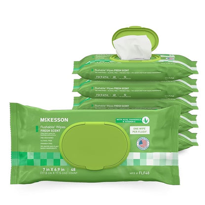 McKesson Flushable* Adult Wet Wipes – 288 Wipes (6 Pack of 48) – Aloe & Vitamin E, Plant-Based Cleansing Wipes, Scented
