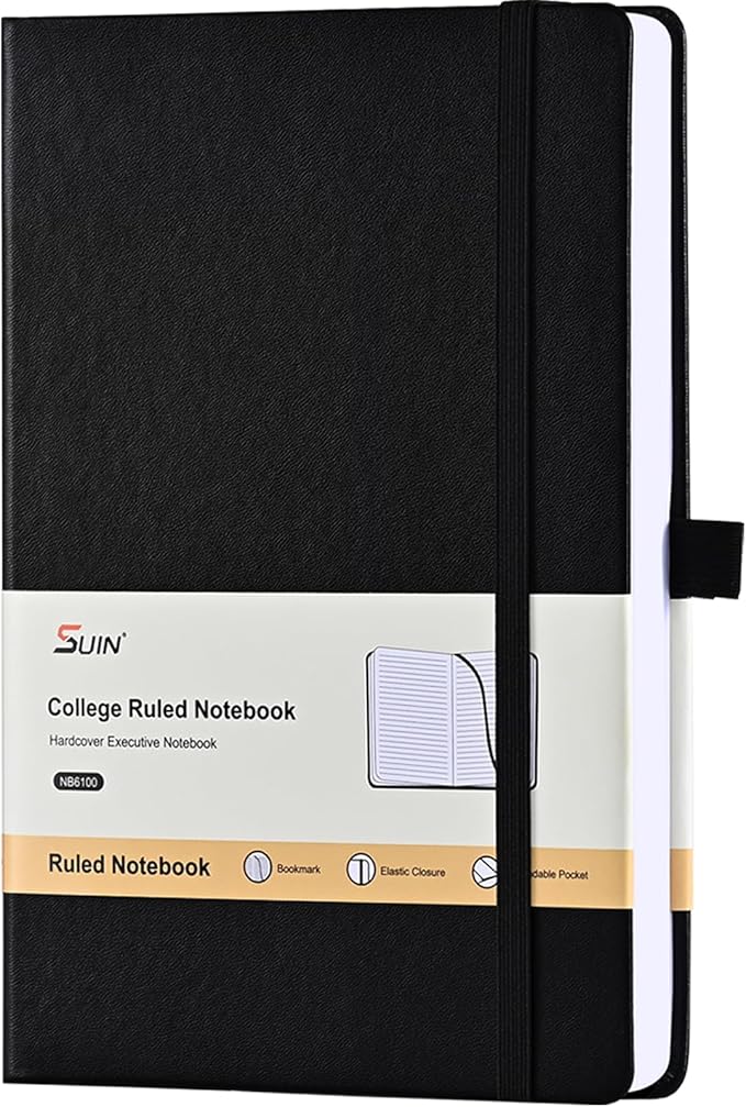 SUIN Lined Journal Notebook, Leather Hardcover Journal for Work, School, Travel, 100 GSM Paper, 160 Pages, 5.5x8.3 Inch, College Ruled, Black, 1-Pack