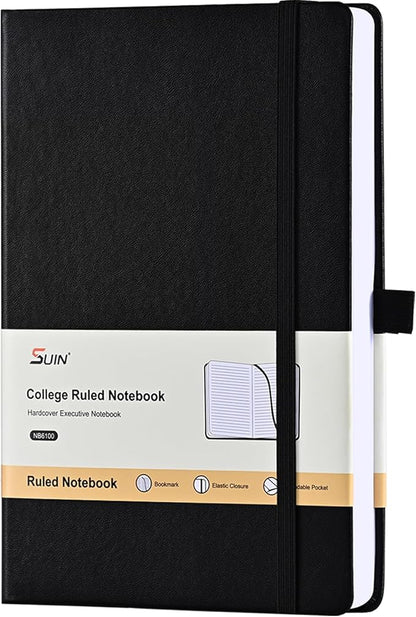 SUIN Lined Journal Notebook, Leather Hardcover Journal for Work, School, Travel, 100 GSM Paper, 160 Pages, 5.5x8.3 Inch, College Ruled, Black, 1-Pack