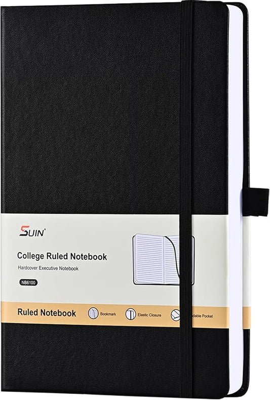 SUIN Lined Journal Notebook, Leather Hardcover Journal for Work, School, Travel, 100 GSM Paper, 160 Pages, 5.5x8.3 Inch, College Ruled, Black, 1-Pack