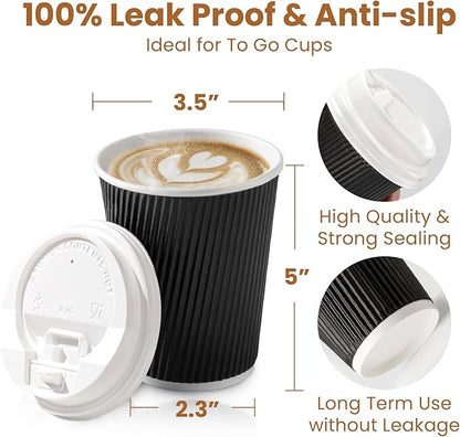 Fit Meal Prep 50 Pack 12 oz Black Disposable Coffee Cups with Lids & Stirrers, Corrugated Triple Wall To Go Hot Cups, Insulated Paper Coffee Cups for Hot Beverages, Travel, Home, Office (White Lids)