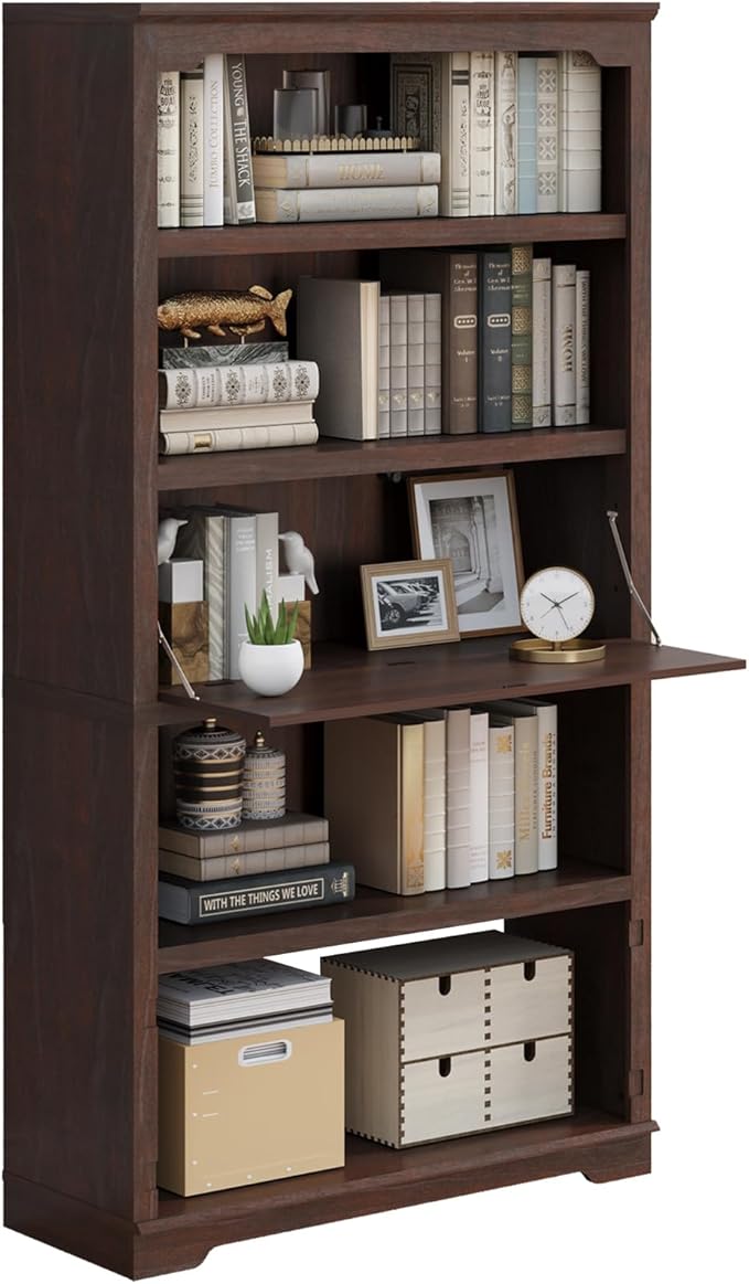HIFYOBRO 71" Tall Bookcase, 5-Tier Open Display Storage Shelf, 37 inch Wide Freestanding Bookshelves with Flip-Down Door on 3rd Book Shelf for Home, Office, Library, 37" W * 11" D * 71" H (Cherry)