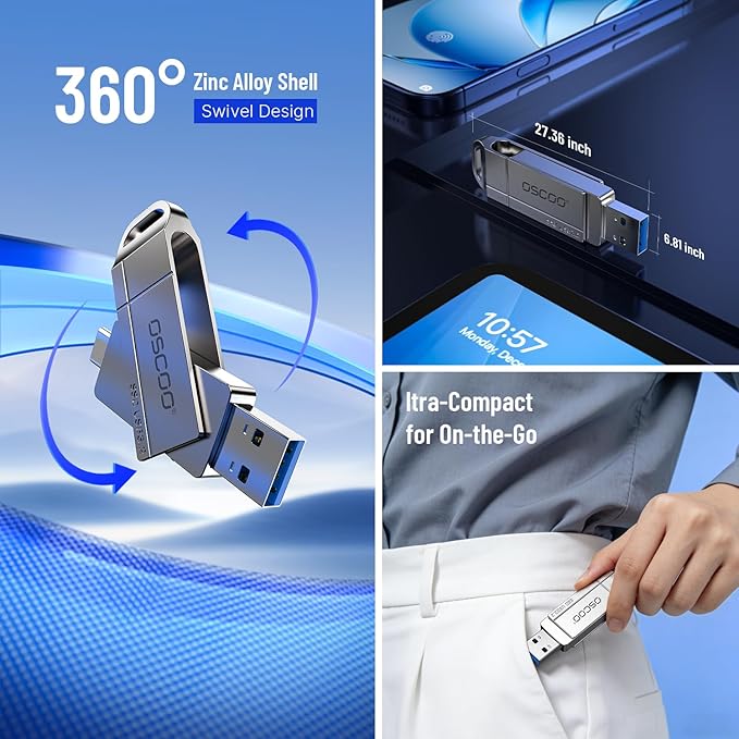 256GB USB Flash Drive,Up to 550MB/s–USB 3.2 Gen1 High-Speed Thumb Drive, Dual USB-C & USB-A Ports, Compatible with iPhone 15/16/17, Android Phones, Mac – Photo & Video Backup