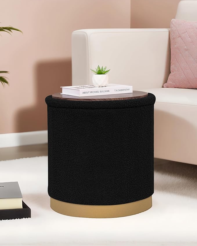 B FSOBEIIALEO Ottoman with Stroage, Round Boucle Storage Ottoman with Gold Plating Base,Foot Rest Stool for Dorm Room, Living Room Black, 16.73"x16.73"x17.72"