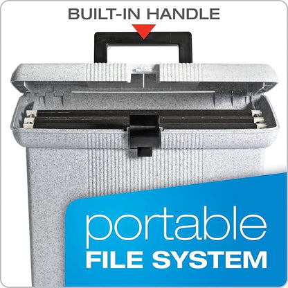 Pendaflex Portable File Box with File Rails, Hinged Lid with Double Latch Closure, Granite, 3 Black Letter Size Hanging Folders Included (41737AMZ)