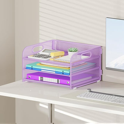 3 Tier Paper Organizer with Handle, Metal Desk Organizer Mesh Paper Letter Tray Desktop File Folder Document Sorter for Classroom, School, Office Accessories Organization and Storage - Purple