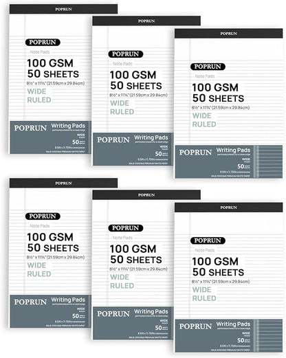 POPRUN White Legal Pads 8.5 x 11.75 Wide Ruled, 100GSM Writing Paper Pad, Bulk Lined Notepad Notebooks for Work School, Classroom Office Supplies, 6 Pack