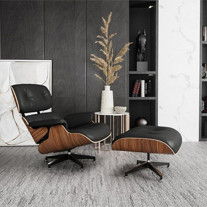 Mid Century Chaise Lounge Chair with Ottoman, Top Black Grain Leather, Modern Office Chair Classic Design, Heavy Duty Base Support for Living Room Study Lounge Office