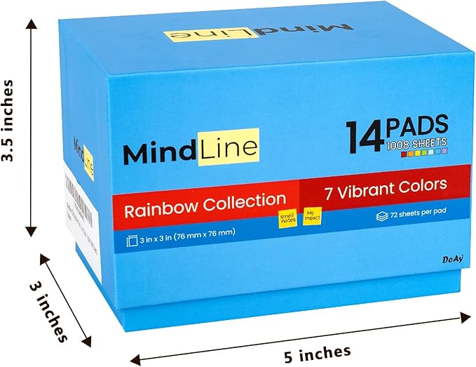 14 Pack Sticky Notes 3x3 Inches - Rainbow Colors Self-Stick Pads - Strong Adhesion, Smooth Writing, No Residue - Easy to Post for Home, Office, School - 72 Sheets/Pad - MindLine