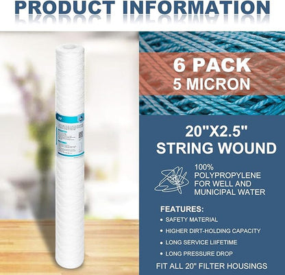 Membrane Solutions 5 Micron 2.5" OD x 20" Length Sediment Water Filter String Wound Polypropylene Cartridge for Whole House Filter Systems - 6 Pack