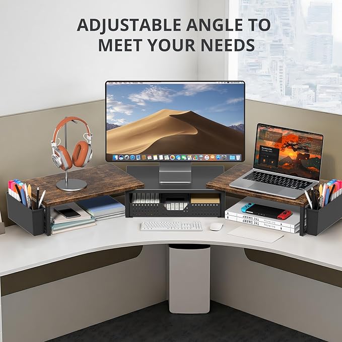 OPNICE Desk Dual Monitor Stand Riser - Desk Organizer with Drawer and Pen Holders, Office Desk Accessories & Workspace Organization, Computer Monitor Stand for Laptop, Printer, TV, Office Decor, Wood