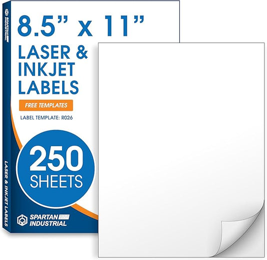 8.5" X 11" Full-Sheet Printable Labels Compatible With Inkjet and Laser Printers - 250 Sheets, 250 Matte White Paper Stickers for Shipping, Mailing, and DIY Projects - Spartan Industrial Template R026