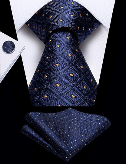 DiBanGu Mens Extra Long Tie 70inches Necktie and Pocktie Square Cufflinks Silk Ties for Tall Men with Tie Clip Wedding Party