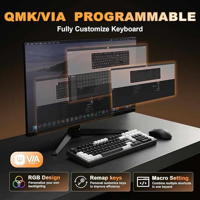 YUNZII AL98 QMK/VIA Wireless Mechanical Gaming Keyboard,Full Aluminum,BT/2.4G/USB-C, Pre-Lubed Hot Swappable Gasket Mount 1800 Layout,RGB Backlit for Win/Mac (Black, Cocoa Cream V2 Switch)