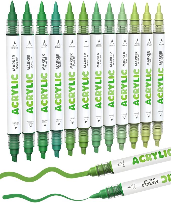 Guangna 12 Green Dual Tip Acrylic Paint Markers, Brush Tip & Chisel Tip Acrylic Paint Pens for Pumpkin Paint, Rock, Wood, Glass, Paper, Coloring Book, Ceramic, Canvas, Water-Based Ink
