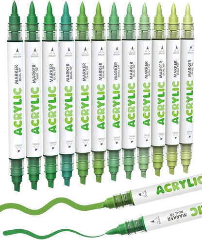 Guangna 12 Green Dual Tip Acrylic Paint Markers, Brush Tip & Chisel Tip Acrylic Paint Pens for Pumpkin Paint, Rock, Wood, Glass, Paper, Coloring Book, Ceramic, Canvas, Water-Based Ink