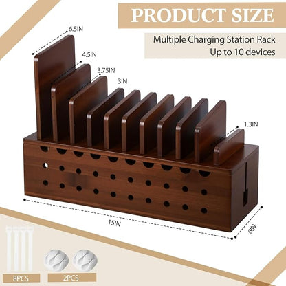 Bamboo Charging Station for Multiple Devices, Cell Phone Docking Charging Station Organizer and Cord Organizer for 10 Devices for Power Strip Storage, Phones and Tablets(Brown)