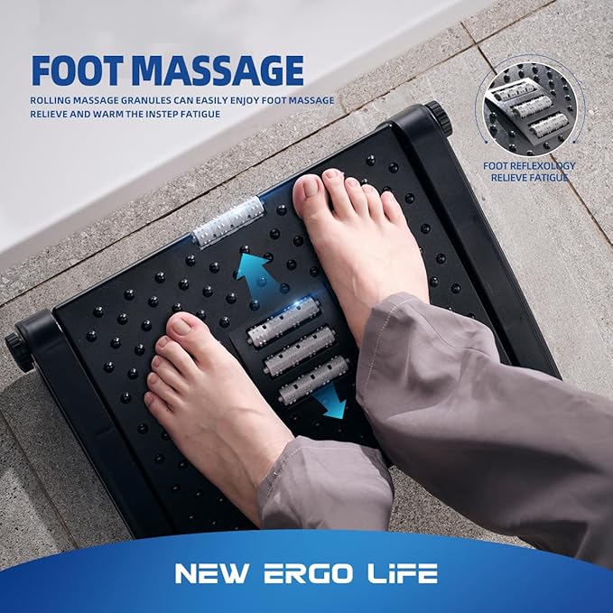 Ergo Life Adjustable Footrest Under Desk, Comfort Foot Stool at Work, 6-Position Multi-angle Adjustable Foot Pedal, Ergonomic Posture Support, Office and Home (Black)