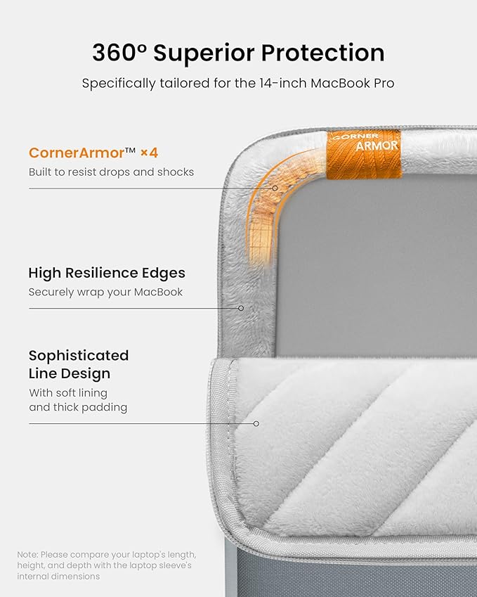 tomtoc 360 Protective Laptop Sleeve for 14-inch MacBook Pro M5/M4/M3/M2/M1 Pro/Max A3434 A3112 A3401 A3185 A2992 A2918 2025-2021, Water-Resistant Case Bag with Accessory Pocket for 13.8 Surface Laptop