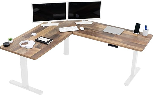 VIVO Electric Height Adjustable 67 x 60 inch Corner Stand Up Desk, 2 Reclaimed Wood Solid Table Tops, White Frame, Memory Controller, L-Shaped Workstation, 3E Series, DESK-KIT-3E6WP