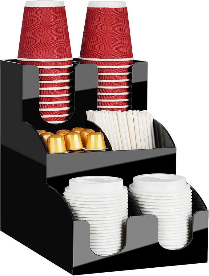 MYITYARD Coffee Station Organizer for Countertop, 3-Tier Coffee Bar Accessories, Acrylic Condiment and Cup Storage Organizer, 6 Compartments, Cup and Lid Holder for Pods, Syrup, Stirrer