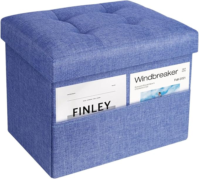 Storage Ottoman,Folding Ottomans with Storage,Linen Ottoman Foot Rest with Pocket,Foot Stool with Thicker Foam Padded for Living Room,Bedroom,Office,Dorm,287 lb Load Capacity,17x13x13in,Blue