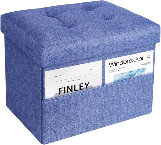 Storage Ottoman,Folding Ottomans with Storage,Linen Ottoman Foot Rest with Pocket,Foot Stool with Thicker Foam Padded for Living Room,Bedroom,Office,Dorm,287 lb Load Capacity,17x13x13in,Blue