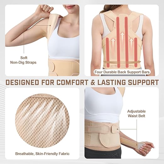 Posture Corrector for Women & Men, Adjustable Back Brace Shoulder Straightener, Full Back Support for Upper & Lower Back Pain, Hunchback, Scoliosis Relief (Medium, Beige)