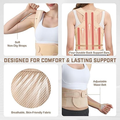 Posture Corrector for Women & Men, Adjustable Back Brace Shoulder Straightener with Full Back Support for Upper & Lower Back Pain, Spine Alignment, Hunchback, Scoliosis Relief (Large, Beige)