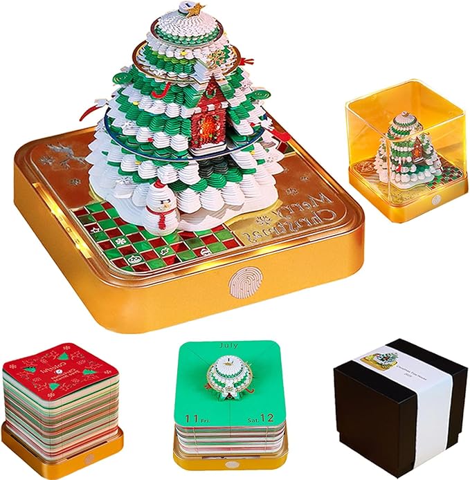3D Calendar 2026 Time Piece Calendar 3D Memo Pad Tear Away Carving Art Notepad Paper Sculpture Artwork for Sticky Note Record DIY Christmas Gift Office Desktop Decoration-Golden Christmas Tree