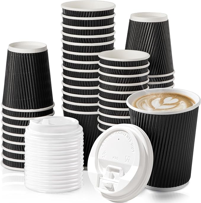 Fit Meal Prep 50 Pack 12 oz Black Disposable Coffee Cups with Lids & Stirrers, Corrugated Triple Wall To Go Hot Cups, Insulated Paper Coffee Cups for Hot Beverages, Travel, Home, Office (White Lids)