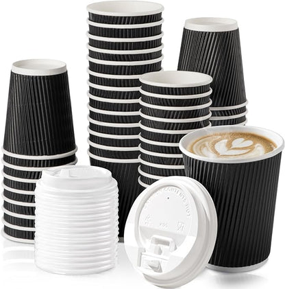 Fit Meal Prep 50 Pack 12 oz Black Disposable Coffee Cups with Lids & Stirrers, Corrugated Triple Wall To Go Hot Cups, Insulated Paper Coffee Cups for Hot Beverages, Travel, Home, Office (White Lids)