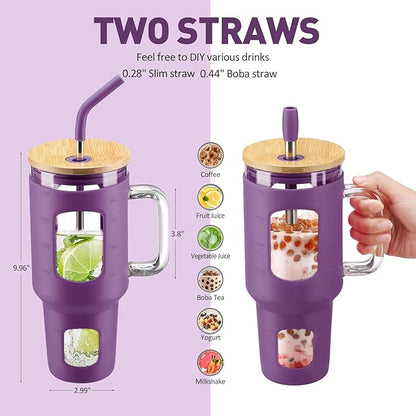 Glass Tumbler with Straw and Lid, 40 oz glass cup with handle, Glass Water Bottles with Time Marker, Silicone Protective Sleeve-Dark Purple